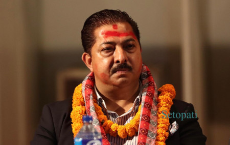 नेपाल उद्योग वाणिज्य महासंघको वरिष्ठ उपाध्यक्ष भएपछि अन्जन श्रेष्ठ। तस्बिरः नवीनबाबु गुरूङ/सेतोपाटी